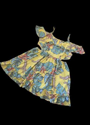 Платье мини яркая летняя, с вырезами, листья тропические, плюс сайз