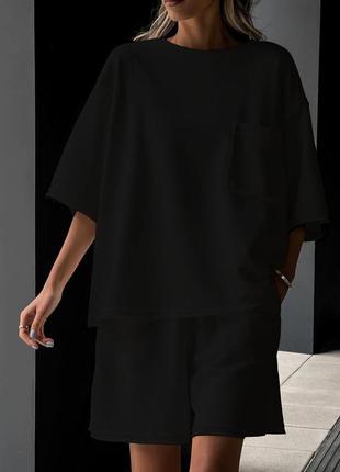 Костюм женский черный, однотонный оверсайз футболка с карманом шорты на высокой посадке с карманами качественный стильный