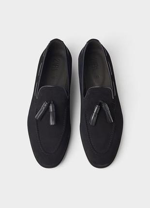 Лоферы из натуральной кожи и замши zara, синего цвета