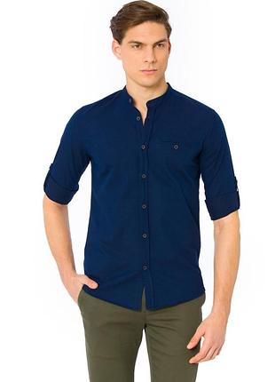 Синяя мужская рубашка lc waikiki в голубую полоску с воротником стойкой