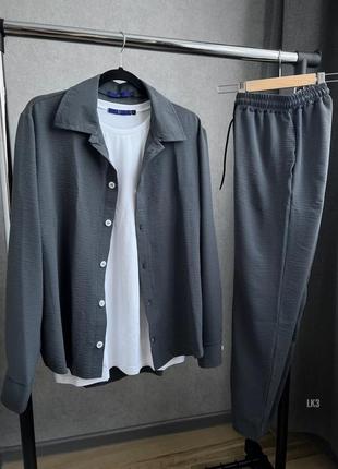Комплект літній штани+сорочка льняний жатка темно-сірий4 фото