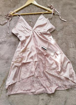 Шелковая ночная рубашка с кружевом пижама ночнушка комбинация пеньюар м l xl 46 48 50