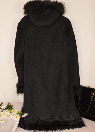 Брендовая черная дубленка с капюшоном и карманами belle femme мех вышивка акрил2 фото