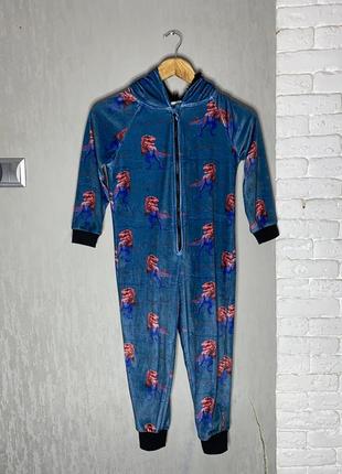 Велюровая кигуруми с утепленным капюшоном цельная мягкая теплая пижама слип на мальчика 5-6 лет tu принт динозавры1 фото