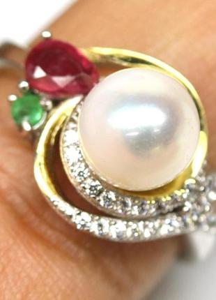 Кольцо серебряное 925 натуральный жемчуг, рубин, изумруд, цирконий. р- 18.32 фото