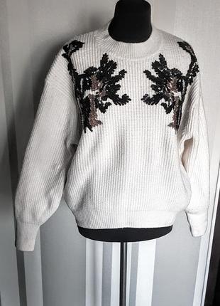 Классный свитер свитшот оверсайз белый с рисунком паетками 5% шерсти