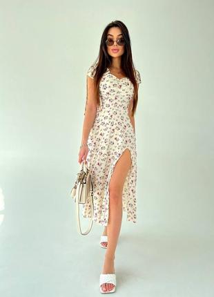 Стильное классическое классное красивое хорошенькое удобное модное трендовое простое платье белое из натуральной ткани сарафан в цветочный принт2 фото