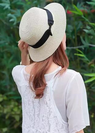 Женская солнцезащитная соломенная шляпа канотье oxa кремовая (56-10)8 фото