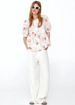 Блуза с рукавами фонариками из смесевого льна, лён в цветочный принт zara2 фото