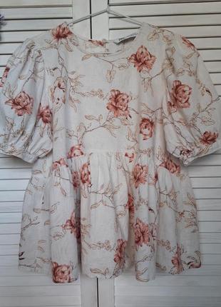 Блуза с рукавами фонариками из смесевого льна, лён в цветочный принт zara3 фото