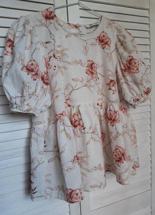 Блуза с рукавами фонариками из смесевого льна, лён в цветочный принт zara4 фото