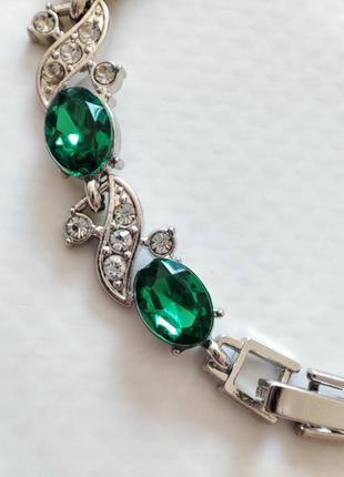 Браслет серебряный с зелёными камнями с удлинителем браслетик женский на руку на ногу2 фото