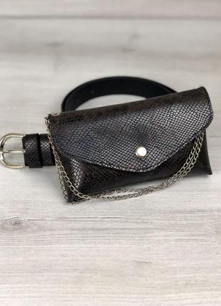 Женская поясная сумочка сумка на пояс коричнево-черная змеиная1 фото