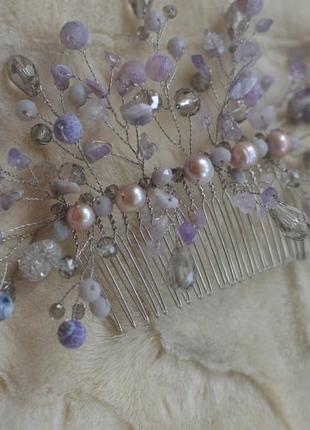 Весільний гребінь з перлами та аметистом ′лиловий світанок′2 фото
