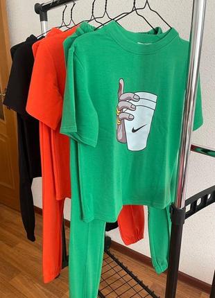 Спортивный костюм женский легкий летний в на лето базовый бежевый черный зеленый оранжевый футболка джогеры повседневный4 фото