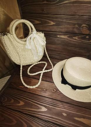 Комплект женская соломенная сумка кремовая и шляпа канотье кремовая 55-58