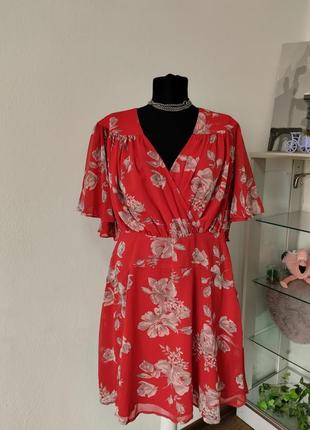 Стильное красное платье трапеция, цветочный принт имитация запаха2 фото