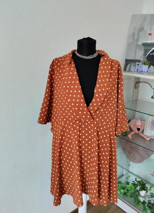 Стильна батальна сукня трапеція в горошок v подібний виріз, з воротніком2 фото