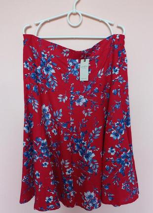 Красная льняная юбка в цветочный принт, юбка хлопок, юбка конфетная хлопок и лён 50-52 р.