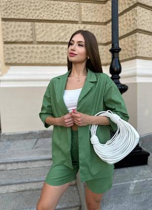 Костюм женский летний двойка шорты и кофта зеленый цвет лён7 фото