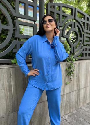 Женский деловой стильный классный классический удобный модный трендовый костюм модный брюки штаны штанишки и + рубашка синий3 фото