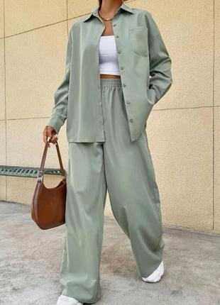 Жіночий діловий стильний класний класичний зручний модний трендовий костюм модний брюки штани штанішки та і + сорочка рубашка бежевий оливка
