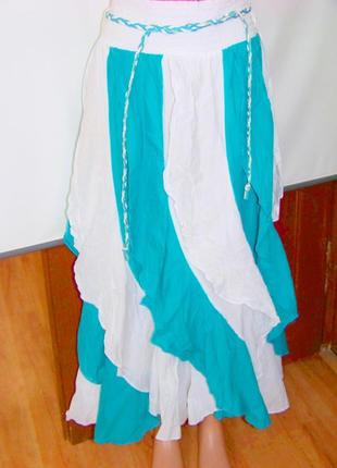Макси-юбка бело-изумрудная хлопковая с воланами и поясом-косичкой см2 фото