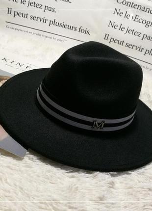 Шляпа женская фетровая федора с лентой в стиле maison michel и устойчивыми полями черная