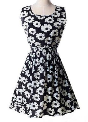 Платье женское с белыми цветами летнее черное  44