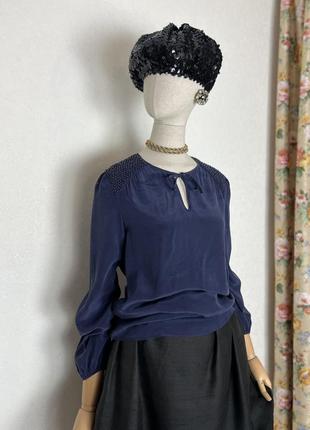 Шелк100%, синяя блуза с бисером,рубаха,премиум бренд,gerard darel,3 фото
