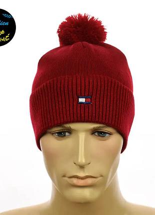 ● зимова шапка з помпоном - томмі хілфігер / tommy hilfiger - червоний ●