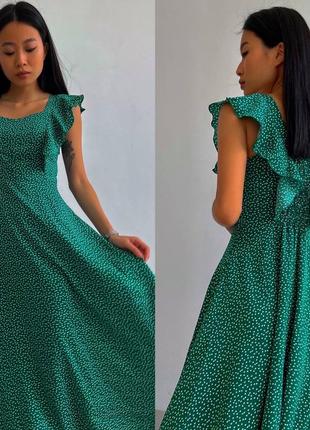 Платье миди зеленая в горошек с вырезом в зоне декольте свободного кроя качественная, стильная трендовая2 фото