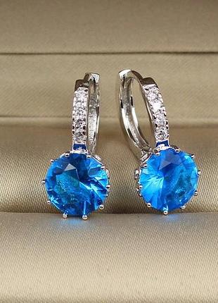 Серьги xuping jewelry с большим голубым камнем 2 см серебристые