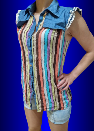 Блузка patty moon джинсовая блуза с рюшами разноцветная полосатая размер s m 42 44 синяя рубашка3 фото
