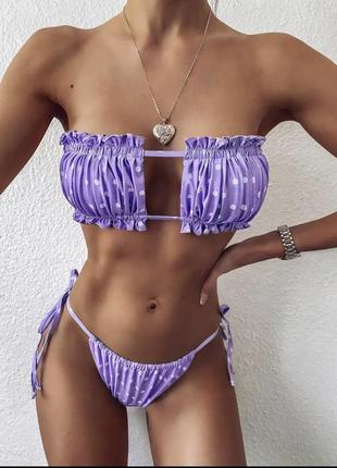 Модный купальник коллекция 2023 г фиолетовый в горох на завязках1 фото