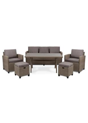 Комплект меблів з ротанку для саду (диванчик , 2 крісла, 2 пуфи, столик, подушки) di volio genova — бежевий / світло-сірий