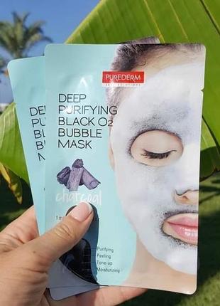 Киснева маска з деревним вугіллям purederm deep purifying black o2 bubble mask charcoal3 фото