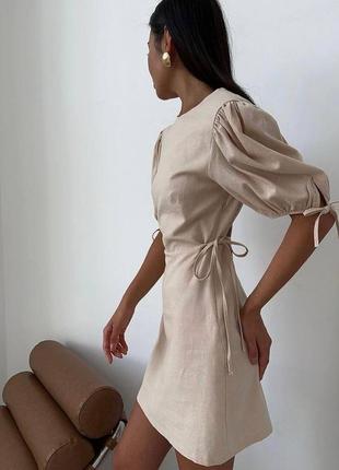 Платье мини утонченное приталенное по спинке v образный вырез на запах рукав пышный фонарик на завязке юбка трапеция ткань лакоста качество3 фото