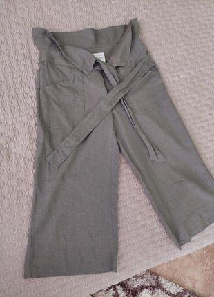 Льняные брюки кюлоты укороченные брюки на завязках цвета мокко9 фото