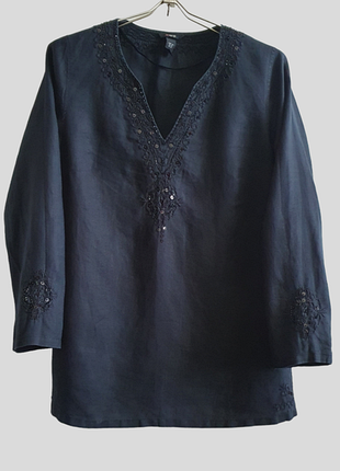 Лляна блуза туника з вишивкою паєтками  та бісером  h&m р.l