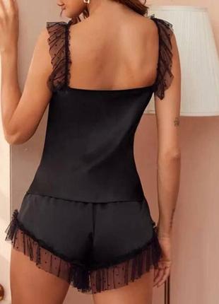 Домашній комплект жіночий літній атласний чорний мереживний пікантний елегантний одяг для сну вільна нічна сорочка піжамний комплект з шортами3 фото