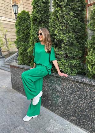 Костюм жіночий літній креп жатка футболка і + штани брюки діловий повсякденний стильний модний зелений сірий6 фото