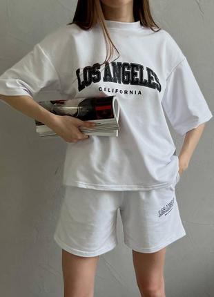 Костюм l.a. женский летний оверсайз трикотажный футболка и + шорты качественный бежевый белый4 фото