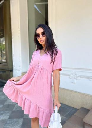 Женское летнее платье муслиновое оверсайз миди розовое горчица