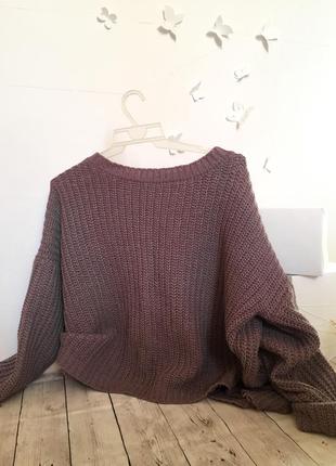 Крутой свитер оверсайз толстое плетение всложнена длинная кофта объемная лавандовая базовая