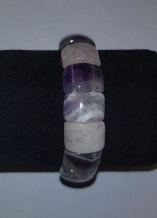 Браслет асорті: аметист, рожевий кварц, прямокутне каміння d-15х10мм+- l - 18 см+-