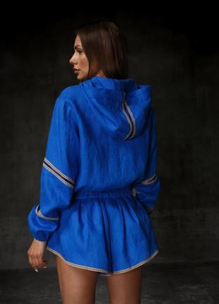 Костюм двойка женский кофта с капюшоном шорты льняной дизайнерский бренд синий электрик3 фото