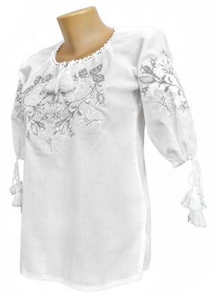 Рубашка женская домотканая вышитая белая вышиванка серые цветы family look р.42 - 60