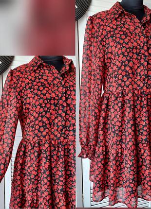 Платье  короткое черное шифон в цветы розы 🌹 цветочный принт5 фото