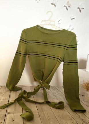 Вязаный кофта свитер в полоску с завязками укороченная короткая облегающая кроп топ поперечная полоска